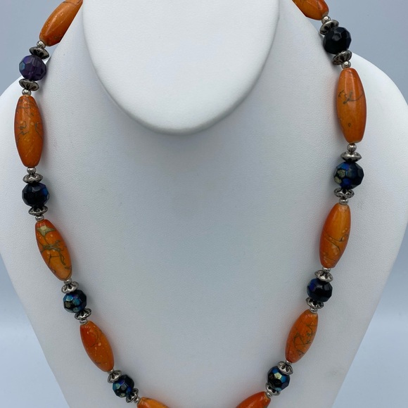 Artisan Handcrafted Orange Silver Tone & Peacock Aurora Borealis Beaded Necklace - Picture 7 of 10
